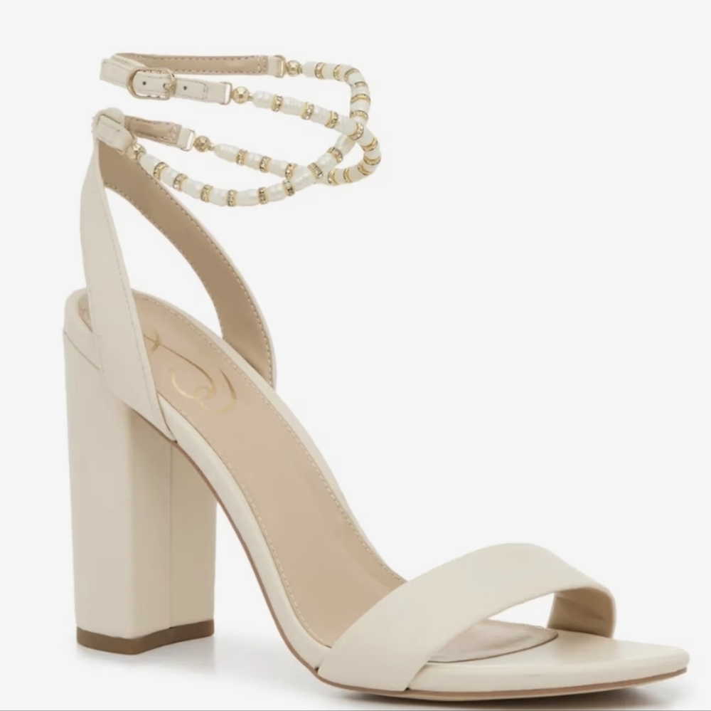 Sam Edelman, Yanelli,Elegant Cream Heeled Sandals, Pearl And Crystal, Size 9